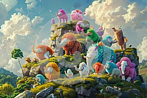 A troop of conceptual, colorful cartoon animals embarks on a whimsical adventure, each character unique