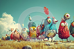 A troop of conceptual, colorful cartoon animals embarks on a whimsical adventure, each character unique