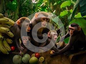 Troop of primates perched atop a pile of ripe yellow bananas, AI-generated.