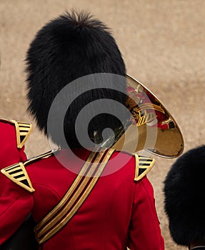 Trooping the Colour, annual military ceremony in London in the presence of the Queen. Guards wear bearskin hats.