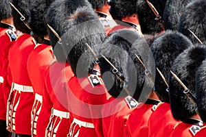 Trooping the Colour, annual military ceremony in London in the presence of the Queen. Guards wear bearskin hats.