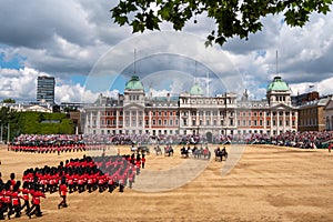 Trooping the Colour, annual military parade in London, UK. Guards wear red and black traditional uniform with bearskin hats. photo