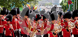 Trooping the Colour military band, photographed in London, UK. Guards wear red and black traditional uniform with bearskin hats.