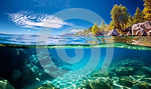 Tropcial blue ocean water,Blue sea or ocean water surface and underwater with sunny and blue sky on tropical location