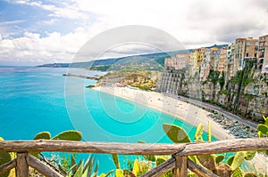 Tropea town colorful stone buildings on top of cliff, Calabria,