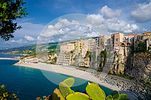 Tropea town colorful stone buildings on top of cliff, Calabria,