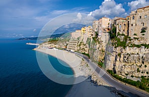 Tropea town colorful stone buildings on top of cliff, Calabria,