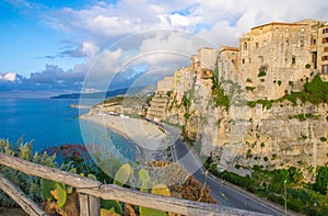 Tropea town colorful stone buildings on top of cliff, Calabria,