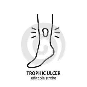 Trophic ulcer line icon. Sores, wound outline vector symbol. Stage of varicose veins on the leg sign.