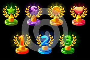 Trophies different colored. 1st, 2nd, 3rd place. Laurel wreath of victory, star, heart and dollar for game, ui, banner