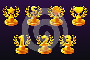 Trophies different variation. 1st, 2nd, 3rd place. Laurel wreath of victory, star, heart and dollar for game, ui, banner