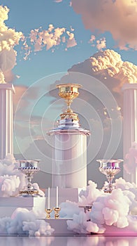Trophies on pedestals against a surreal sky. Digital art rendering for achievement, success