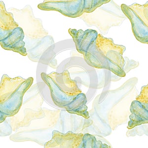 Trophonopsis breviata sea ocean shell seamless pattern with translucent shell background watercolor illustration photo