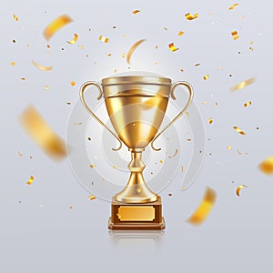 Trophy award. Champion winner cup, 3d gold soccer victory prize, tournament win golden confetti. Victory goblet