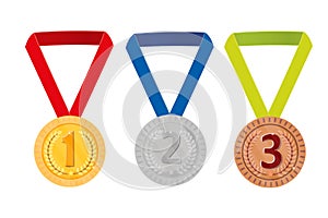 Trophy award, isolated on white background. Laurel wreath. Figures, coins. 1 2 3 Medals gold silver bronze. Vector