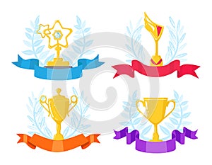Trophy award with ribbon decoration set, vector illustration. Success victory, prize cup reward for champion winner. Win