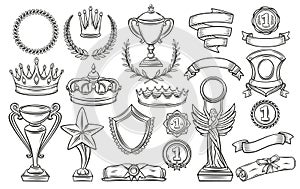 Trophy and award set of hand drawn icons, line vintage prizes for winners, medal reward