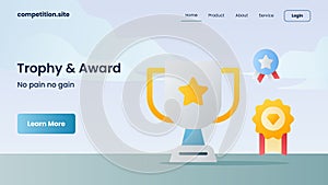 Trophy and award with tagline no pain no gain for website template or landing homepage