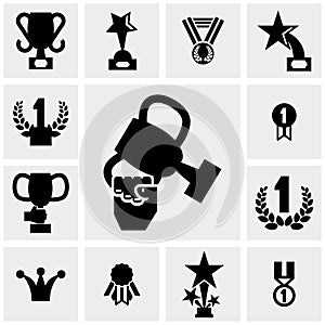 Trophy and awards icons set on gray