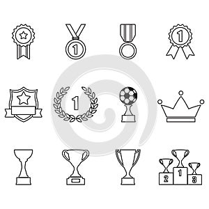 Trophy and awards outline icon set: laurel wreath, winning trophy cup, crown, medals, pedestal, badges and ribbons. Vector.