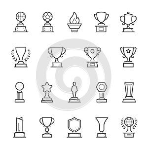 Trophy awards outline stroke icons set