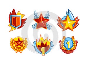 Trophy and awards set. Golden shield, star and laurel wreath vector illustration