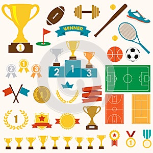 Trophy, awards and sports icon set: winning trophy cup, medals, pedestal, flags, ribbons, balls, sport fields. Colorful vector ill