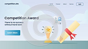 Trophy and certificate as competition award with tagline there is no success without hard work with for website template landing