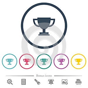 Trophy cup flat color icons in round outlines