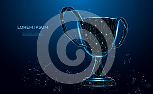 Trophy cup form lines and triangles, point connecting network on blue background. sport cup, champion`s cup. Polygon vector wirefr