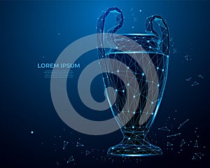 Trophy cup form lines and triangles, point connecting network on blue background. sport cup, champion`s cup. Polygon vector wirefr