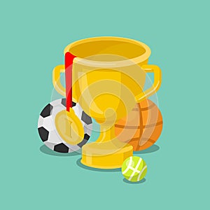 Trophy cup gold medal sport win winner flat 3d isometric vector