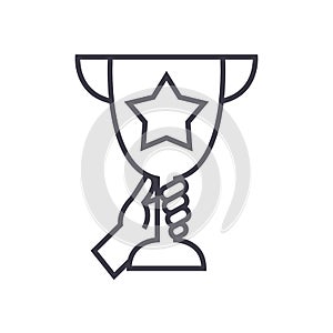 Trophy cup in hands vector line icon, sign, illustration on background, editable strokes