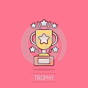 Trophy cup icon in comic style. Goblet prize cartoon vector illustration on isolated background. Award splash effect sign business