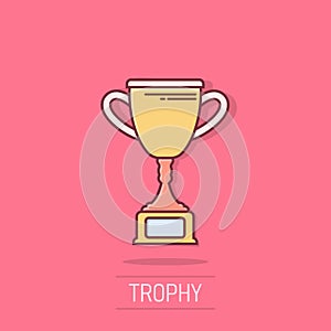 Trophy cup icon in comic style. Goblet prize cartoon vector illustration on isolated background. Award splash effect sign business