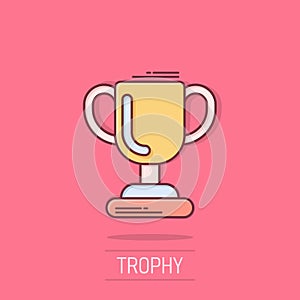 Trophy cup icon in comic style. Goblet prize cartoon vector illustration on isolated background. Award splash effect sign business