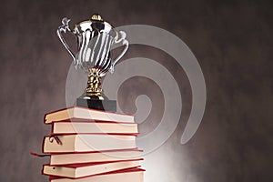 Trophy cup on a pile of books with copyspace