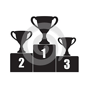 Trophy Cup on prize podium. First, second and third place award. Champions or winners Infographic elements. Black Vector illustrat
