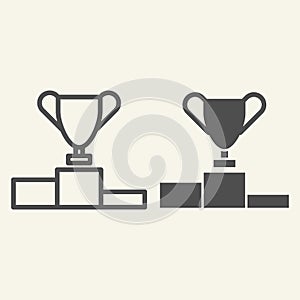 Trophy Cup on prize podium line and solid icon. Champions or winners goblet pedestal outline style pictogram on beige