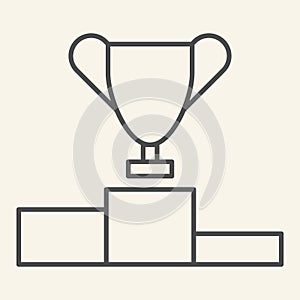 Trophy Cup on prize podium thin line icon. Champions or winners goblet pedestal outline style pictogram on beige