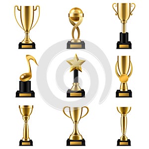 Trophy cup. Realistic golden trophy cups and prize in different shapes, triumph champions, celebration sports winner photo