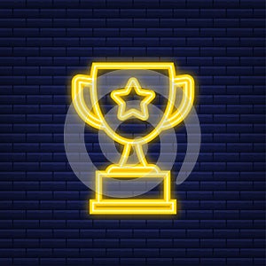 Trophy Cup Vector Flat Icon with star and laurel wreath. Neon icon. Vector illustration.