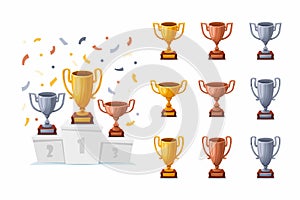 Trophy cups on a podium with confetti. Gold, silver, and bronze winner prize cups set with different shapes - 1st, 2nd