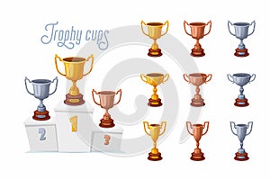 Trophy cups on a podium. Gold, silver, and bronze winner prize cups set with different shapes - 1st, 2nd, and 3rd place