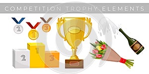 Trophy elements vector collection. Medals, flowers, winner cup, award winning podium pedestal and champagne isolated on white