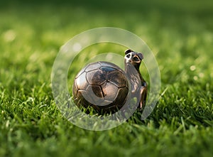 Trophy of the FIFA World Cup on the green grass of the football field. Created with Generative Al technology.