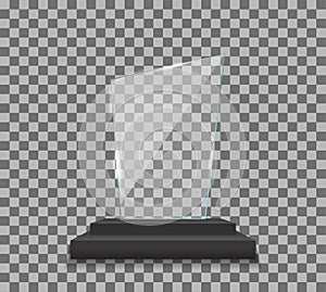 Trophy of glass award. Plexi glass award. Plate of acrylic trophy. Stand of crystal for prize of winner. Mockup of realistic of