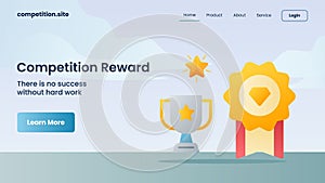 Trophy and golden medal for competition reward with tagline there is no success without hard work for website template landing