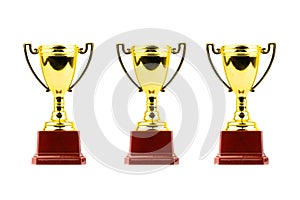 Trophy and medal closeup on white background.