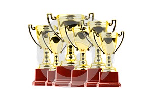 Trophy and medal closeup on white background.